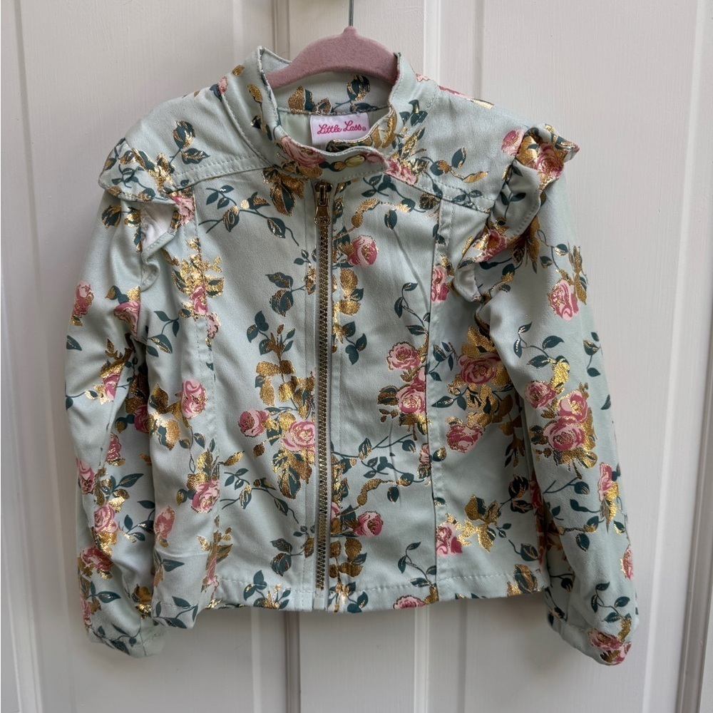 NWOT Little Lass 3T Girls Mint Green Pink and Gold Moto Jacket Ruffled Collar